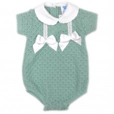 MC705-Sage: Baby Double Bow Knitted Romper (0-9 Months)